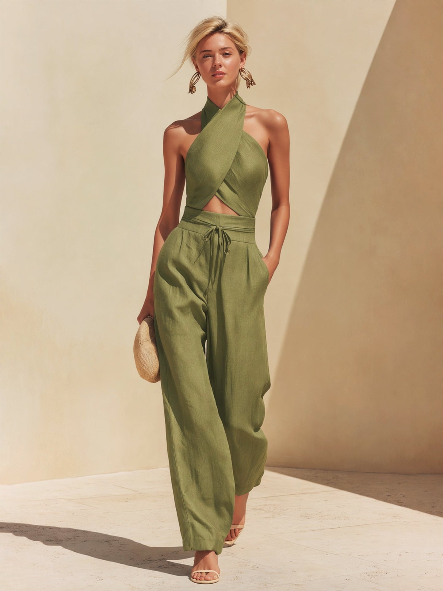 Linen Halter Neck Crop Top & Wide Leg Pants Set