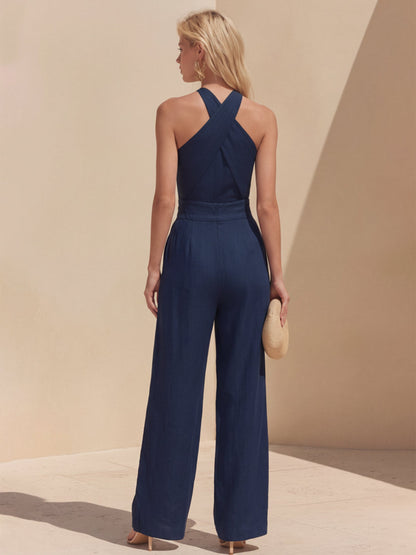 Linen Halter Neck Crop Top & Wide Leg Pants Set