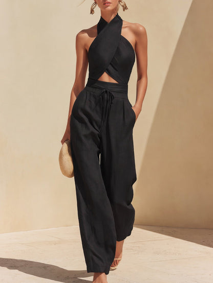 Linen Halter Neck Crop Top & Wide Leg Pants Set
