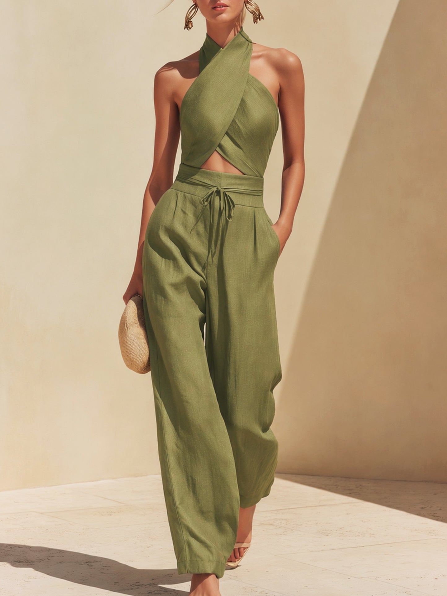 Linen Halter Neck Crop Top & Wide Leg Pants Set