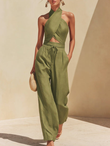 Linen Halter Neck Crop Top & Wide Leg Pants Set