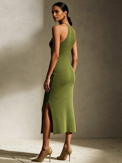 Olive Green Halter Knit Midi Dress With Side Slit