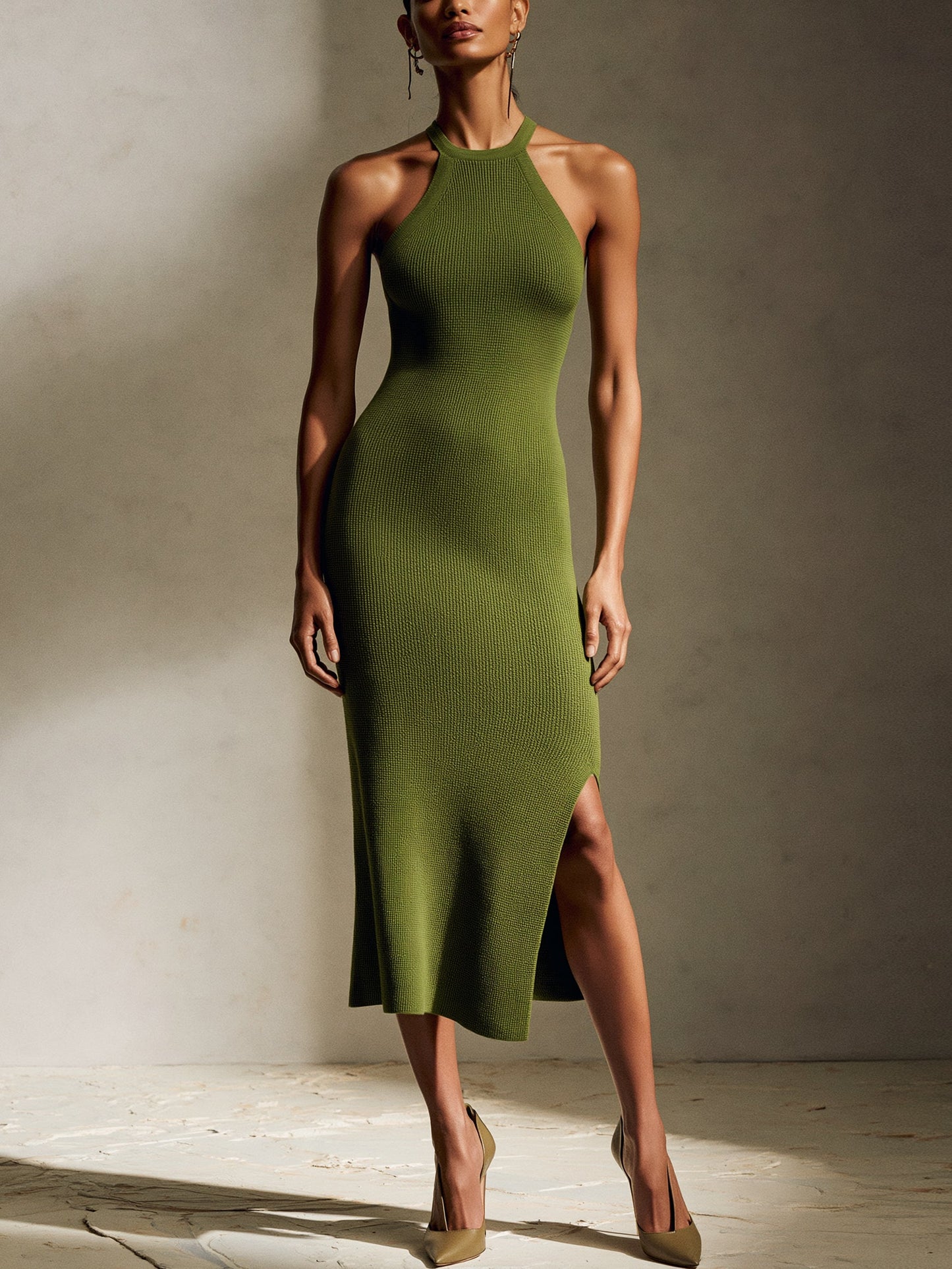 Olive Green Halter Knit Midi Dress With Side Slit