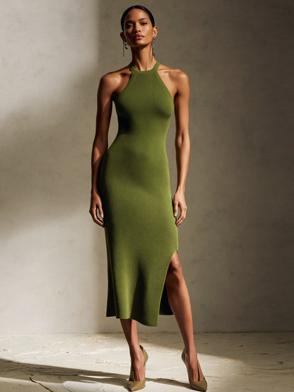 Olive Green Halter Knit Midi Dress With Side Slit