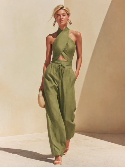 Linen Halter Neck Crop Top & Wide Leg Pants Set