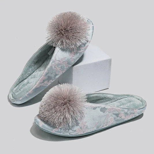 Serena Embroidered Pom Slippers